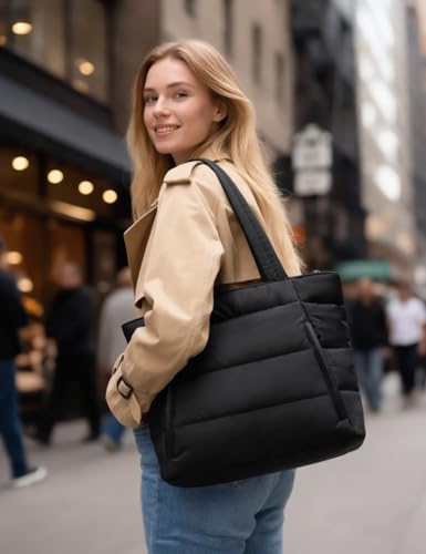 Puffer Tote Bag for Women, Nurse, Large Quilted Shoulder Bag with Cup Holder & Laptop Compartment for Work, Travel, Gym - color: Black