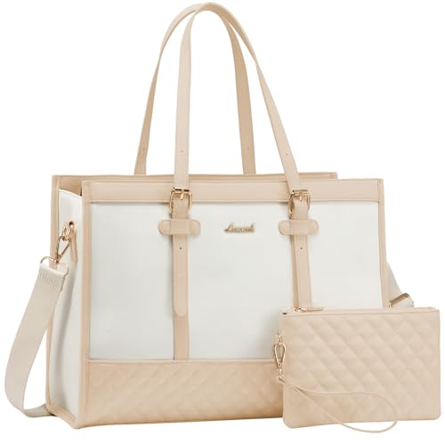 LOVEVOOK Laptop Bag for Women, 15.6 Inch Computer Tote Bags Purse for Work | Canvas, with Long Shoulder Strap&Clutch Purse, Handbag, Casual Stylish Tote Bag for Work Office Travel College Teacher School - color: Grey & White, size: 15.6 inch
