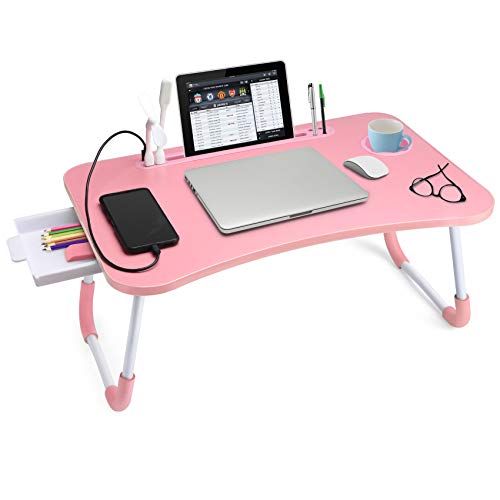 Slendor Bed Desk for Laptop and Writing with Storage, Cup Holder, Light | Fan, Pen Holder,Tablet Holder,Foldable, for Bed, Couch, Floor, Portable,Pink - color: Pink