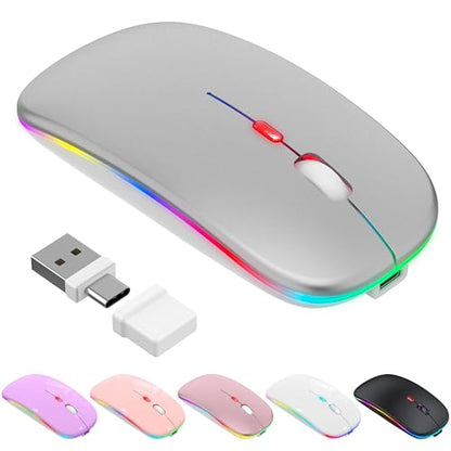 LED Bluetooth Wireless Mouse for MacBook Air Mac Pro Laptop iPad–Silver | Rechargeable Silent Light-Up Optical Mouse with Jiggler Dual Mode BT5.2 & USB-A/USB-C for Students Kids Girls Boys