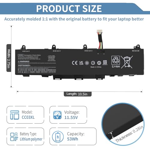53Wh 11.55V CC03XL Laptop Battery Replacement for EliteBook 830 835 840 845 G7 G8, ZBook Firefly 14 G7 G8, Probook 635 Aero G7 G8, CC03053XL-PL HSTNN-DB9Q L77608-2C1 L77608-421 L78555-005 4400mAh - size: 7 x 3 x 0.2 inches CC03XL BATTERY