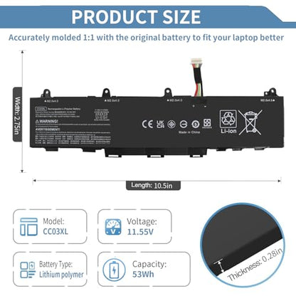 53Wh 11.55V CC03XL Laptop Battery Replacement for EliteBook 830 835 840 845 G7 G8, ZBook Firefly 14 G7 G8, Probook 635 Aero G7 G8, CC03053XL-PL HSTNN-DB9Q L77608-2C1 L77608-421 L78555-005 4400mAh - size: 7 x 3 x 0.2 inches CC03XL BATTERY