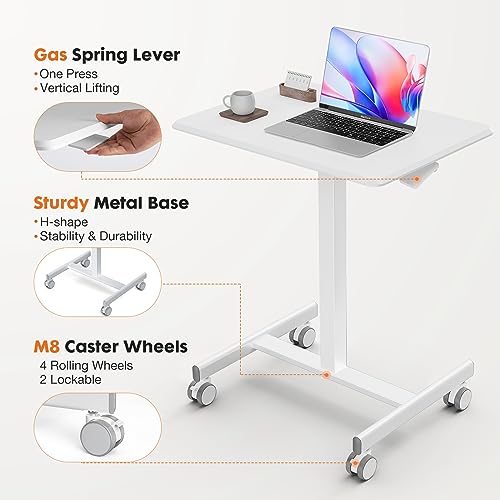 Sweetcrispy Mobile Rolling Desk, Small Standing Desk with Wheels | Adjustable Height Sit Stand Table, Portable Computer Workstations for Home Office, White - color: White