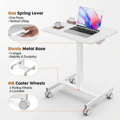 Sweetcrispy Mobile Rolling Desk, Small Standing Desk with Wheels | Adjustable Height Sit Stand Table, Portable Computer Workstations for Home Office, White - color: White