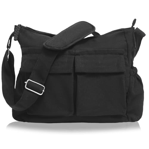 High Density Canvas Messenger Bag for Men/Women, 15” Large Crossbody Shoulder Bag Tote Bag for College/Travel/Work Daily Use | High Density Canvas - color: Black