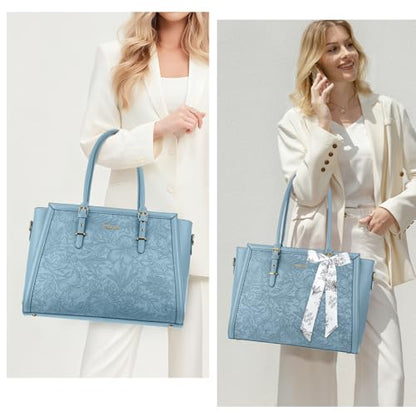 MOSISO Laptop Bag for Women, 17-17.3 inch PU Leather Tote Bag | Compatible with MacBook, HP,Dell, Front Embossed Retro Hibiscus Computer Bags with Silk Scarf&Clutch Purse, Air Blue - color: Air Blue, size: 17.3 inch