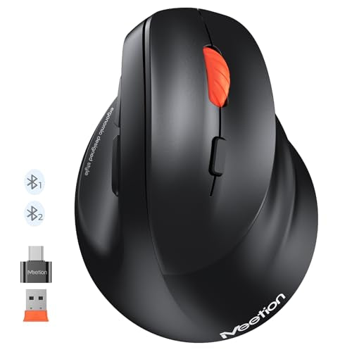 MEETION Wireless Ergonomic Vertical Mouse, Bluetooth & 2.4G, Large | Connects up to 3 devices with dual Bluetooth 5.3 and 2.4G, adjustable 1200-3200 DPI, designed for large hands, Windows/Mac/PC - color: Right Black Batt