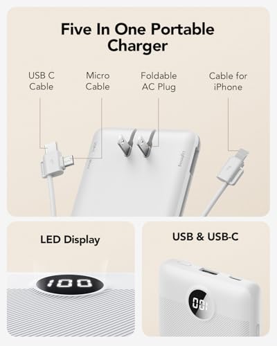 VRURC Portable Charger, Power Bank Built-in Cables and AC Wall Plug | USB C Power Bank 10000mAh Travel Essentials Phone Charger Compact External Battery Pack For Smart Phones, Tablets etc-White - color: White