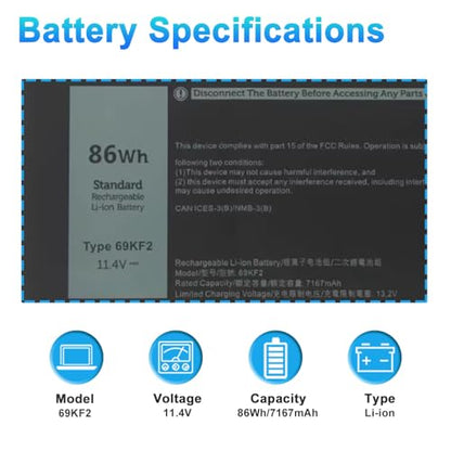 86Wh 69KF2 Laptop Battery for Dell XPS 15 9500 9510 9520 Precision 5550 5560 5570 Alienware M15 M17 R3 R4,G15 5510 5511 5515 5520 5521,G7 15 7500,Inspiron 7510 7610 P87F P91F P45E Series 8FCTC 70N2F - size: 11.75*3.31*0.34inch 69KF2