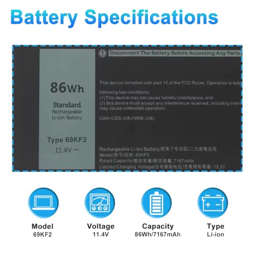 86Wh 69KF2 Laptop Battery for Dell XPS 15 9500 9510 9520 Precision 5550 5560 5570 Alienware M15 M17 R3 R4,G15 5510 5511 5515 5520 5521,G7 15 7500,Inspiron 7510 7610 P87F P91F P45E Series 8FCTC 70N2F - size: 11.75*3.31*0.34inch 69KF2