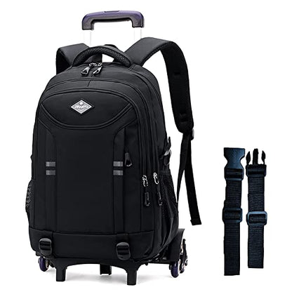 Rolling Backpack for Boys Elementary School Bag with Wheels Travel Trolley Bag 2 wheels and 6 wheels - color: Black 6 Wheels, size: 6 wheels