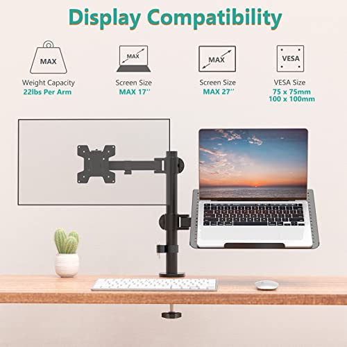 WALI Dual Arm Laptop and Monitor Desk Mount for 17" Notebook and Up to 27" Screen, Fully Adjustable Monitor Arm with Laptop Tray, VESA 75x75 100x100, Holds up to 22 lbs, Black (M001LP) - size: Dual, style: Fully Adjustable Desk Mount