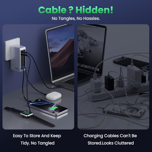 120W USB C Charger Block with 2 Built-in Retractable Cables,4-in-1 GaN IV Foldable Plug Wall Charger Fast Charging Station,PD 65W Laptop Adapter for MacBook/iPad,iPhone 17/16/15/14,Galaxy,Android etc - color: A-Silver