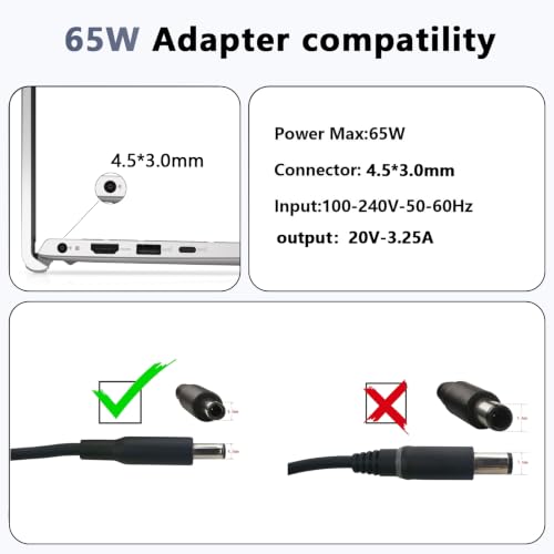 65W 4.5mm Tip Laptop Charger Compatible with Dell Inspiron 14 15 16 | For Dell Inspiron 15 3511 3520 3530 3535 3540 5559 5568 2-in-1, 16 5620 5630 5640 7640, 14 5420 5430 5490 2-in-1 AC Adapter