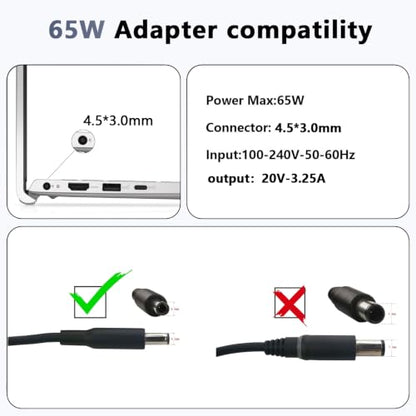 65W 4.5mm Tip Laptop Charger Compatible with Dell Inspiron 14 15 16 | For Dell Inspiron 15 3511 3520 3530 3535 3540 5559 5568 2-in-1, 16 5620 5630 5640 7640, 14 5420 5430 5490 2-in-1 AC Adapter