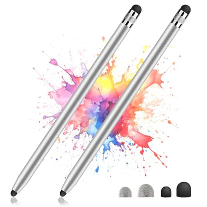 2 Pack Stylus Pens for Touch Screens, High Sensitivity Precision Capacitive Stylus Pen Compatible with iPad iPhone Samsung Tablets All Universal Touchscreen Devices with 4 Rubber Tips (Silver) - color: Silver