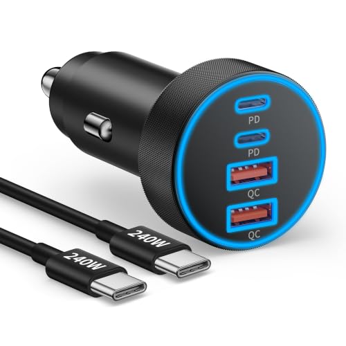 90W 4-Port USB C Super Fast Car Charger for iPhone 17 17e Air 16 15 Pro Max | Samsung S26 S25 S24 S23, Android, Type C Car Phone Charger Fast Charging Cigarette Lighter Adapter with 240W 3FT USB-C Cable