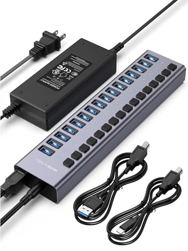 ACASIS Powered 16 Ports USB 3.2 Hub, 10Gbps Data Transfer, 96W Adapter | Individual On/Off Switch for Each Port • Aluminum Housing • Better Heat Dissipation • Plug & Play - size: 16 ports
