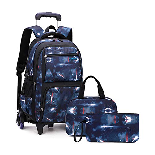 3Pcs Space Rolling Backpack for Boys with Lunch Bag, Wheel Trolley School Bag for Kids Backpack with Wheels - color: 3pcs-space-dark Blue