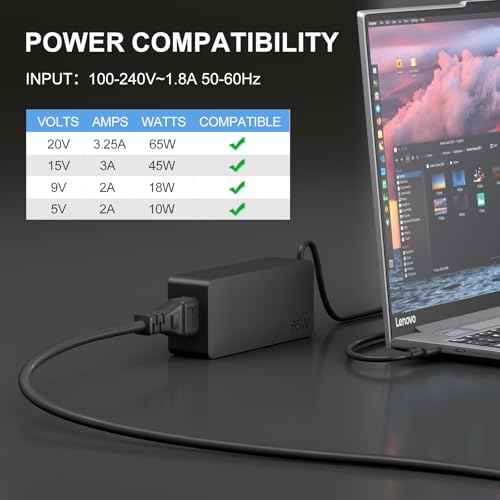 Dzytnsy 65W USB C Laptop Charger Compatible with Lenovo Thinkpad X1 X13 T14 T15 T480s T580s T490/Yoga/Thinkbook/Chromebook/IdeaPad Series,Replacement for Lenovo Laptop Charger