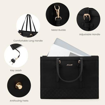 LOVEVOOK Women's 15.6inch Laptop Tote, PU Leather Computer Work Bag, office - color: Black, size: 15.6 inch