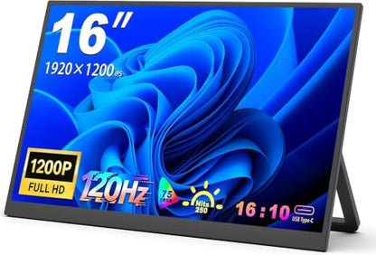 16 Inch 120Hz Portable Gaming Monitor FHD 1200P IPS, USB-C&HDMI, External Monitor for Laptop,Phones, Game Consoles, Ideal for Office,Travel & Dual-Screen Setup - size: 16inch