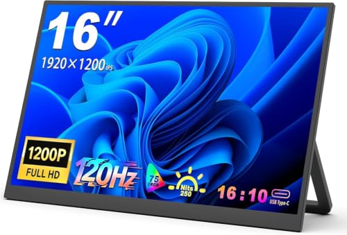 16 Inch 120Hz Portable Gaming Monitor FHD 1200P IPS, USB-C&HDMI, External Monitor for Laptop,Phones, Game Consoles, Ideal for Office,Travel & Dual-Screen Setup - size: 16inch