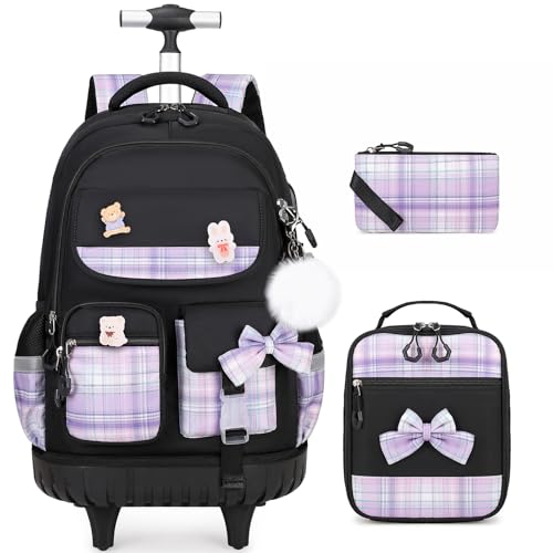 ACESAK Rolling Backpack for Girls - Roller Wheels School bag with Lunch Bag & Pencil Pouch for Teen Girls Kids Wheeled Suitcase Backpacks, Elementary Middle School Travel Daypack (Black Purple) - color: Black