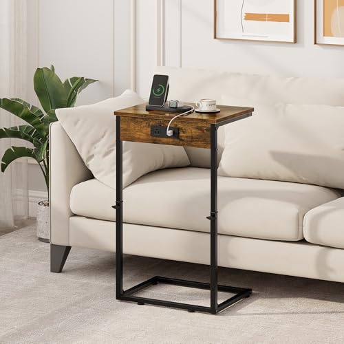 C Shaped End Table with Charging Station, Adjustable Height Side Table for Couch, Small Side Table, 33.2'' Tall Couch Tables that Slide Under, Tv Tray End Table for Living Room, Rustic Brown - color: Rustic Brown (1 Pack), style: With Plug
