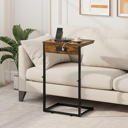 C Shaped End Tables Set of 2 with Charging Station, 33.2'' Tall C Table Adjustable Height Side Table, Small Side Table for Small Spaces, Couch Sofa Table TV Tray for Living Room, Rustic Brown - color: Rustic Brown (2 Pack), style: With Plug