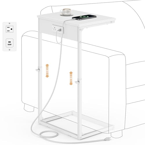 C Shaped End Table with Charging Station, Adjustable Height Side Table for Couch, Small End Table Small Spaces, 33.2'' Tall Couch Tables that Slide Under, Tv Tray Table for Living Room, White - color: White (1 Pack), style: With Plug
