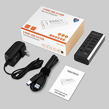 RSHTECH Powered USB Hub with 4 USB 3.0 Data + 1 Fast Charging Port, RSH-A35 | USB Extender Hub with 24W(12V/2A) Power Adapter and Individual On/Off Switches