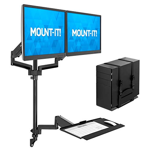 Mount-It! Dual Monitor Arm Wall Mount Workstation with Keyboard Tray & CPU Holder, Height Adjustable Gas Spring Full Motion Computer Station, Fits 17–32” VESA 75x75 100x100, Black - size: Dual Monitor