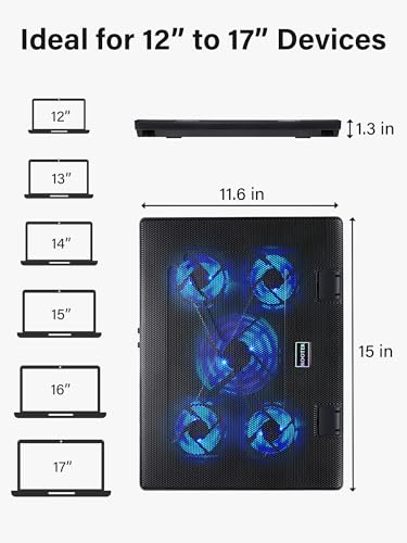 Kootek Laptop Cooling Pad Cooler Stand with 5 Quiet Fans for 12"-17" Laptop | 5 Fans, USB Powered, Laptop Cooling Stand with 2 USB Hub, 6 Adjustable Height, 360° Cooling Coverage, Anti-Slip, Blue LED - color: Blue