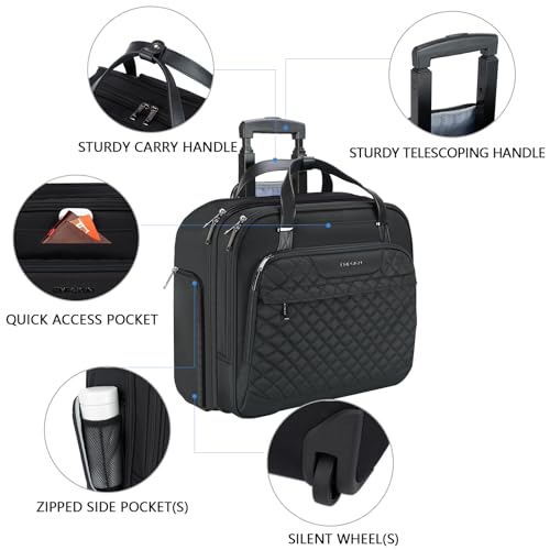 EMPSIGN Rolling Laptop Bag for Women, Rolling Briefcase 15.6 Inch, Black | Water-Repellent, Airline Approved, Overnight Computer Bag, Rolling Briefcase with Wheels, Travel Business Work - color: Quilted Black