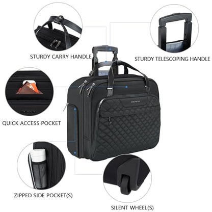 EMPSIGN Rolling Laptop Bag for Women, Rolling Briefcase 15.6 Inch, Black | Water-Repellent, Airline Approved, Overnight Computer Bag, Rolling Briefcase with Wheels, Travel Business Work - color: Quilted Black