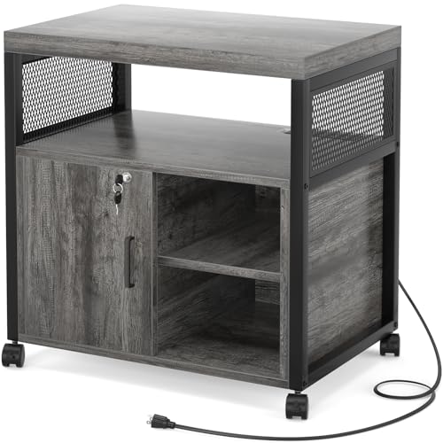 Unikito Rolling File Cabinet Lateral Office Filing Cabinets with Socket and USB Charging Port, Modern Printer Stand on Wheels Printer Cabinet with Door and Open Storage, Lockable, Black Oak - color: Black Oak