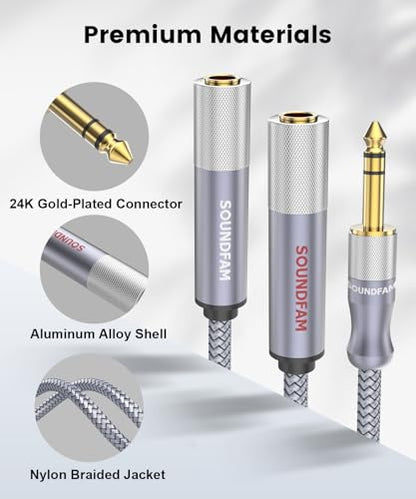 Microphone Splitter 2 Feet/60CM TRS 1/4 inch Splitter 1 Male to 2 Female, 6.35mm Stereo Male Plug to Dual 6.35mm Female-Grey (1PACK) - size: 2ft/60CM-1PACK, style: 1/4" Splitter 1 Male to 2 Female