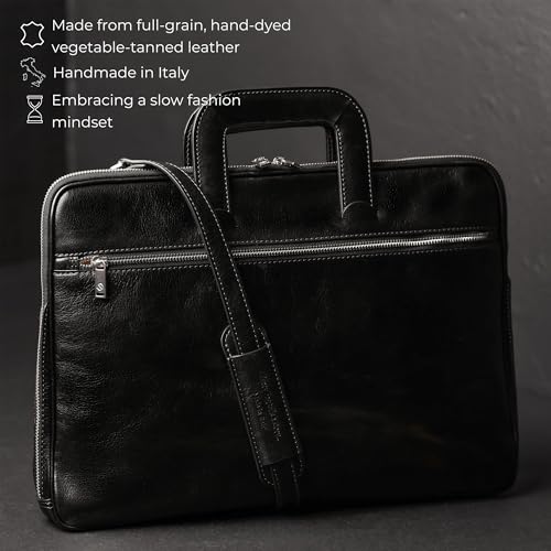 Time Resistance Slim Leather Briefcase - Italian Handmade Leather Computer Bag - Briefcase for Men and Women - Laptop Bag - color: Black