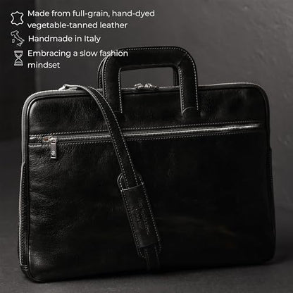 Time Resistance Slim Leather Briefcase - Italian Handmade Leather Computer Bag - Briefcase for Men and Women - Laptop Bag - color: Black
