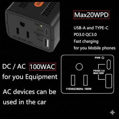 HearGrow 100W Power Inverter for Vehicle: Fanless Direct Cigarette Lighter Car Charger Adapter - Black Ultra Compact Silent Plug-in Outlet for Laptop CPAP Camping Road Trip & Emergency - color: Black