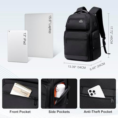 FENRUIEN Business Travel Backpack for Men,Large Capacity Laptop Backpack with USB Charging Port,Multifunctional Water Resistant Expandable Black Bag Fits 15.6 Inch computer