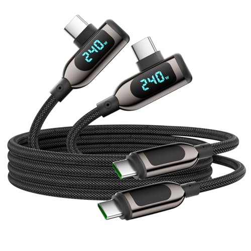 240W Right Angle USB C to USB C Cable [6.6ft/2Pack],Nylon Braided Type C Fast Charging Cable with LED Display for lPhone 16/15 Pro Max, Galaxy S25/S24 Ultra, MacBook, Laptop,Black - size: 6.6FT-2Pack