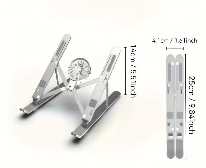 Adjustable Bracket with Detachable Cooling Fan - Portable Foldable Lifting Height, with Heat Sink, Ergonomic and Anti Slip Design, Suitable for 10 inches -17 inches (Silver)
