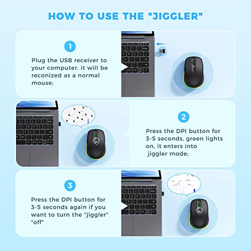 PEIOUS Wireless Mouse Jiggler, LED Mouse with Built-in Mouse Mover, Black | Rechargeable, Silent Clicks, Adjustable DPI and Random Movement Keep Computers Awake for Work-Life Balance on Laptop/PC/Mac - color: Black