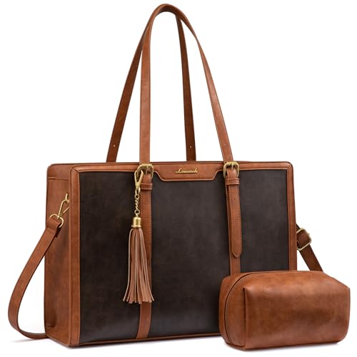 LOVEVOOK Laptop Bag for Women Vintage Leather Work Tote 15.6 inch Large Capacity Computer Bag with Clutch Purse for Teacher,Office,Casual - color: Brown&black, size: 15.6 inch