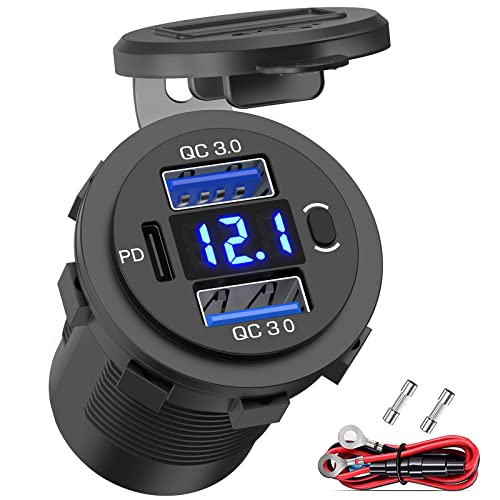 Qidoe 12V USB Outlet Dual 18W Quick Charge 3.0 Port & 30W PD 12V USB C Car Charger Socket with Voltmeter and Power Switch, Waterproof Multiple Car USB Port Adapter for Car Boat Marine Truck Golf RV