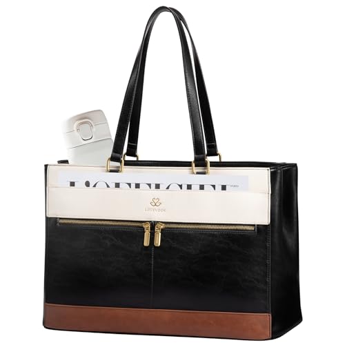 LOVEVOOK Laptop Bag for Women,15.6 Inch Vintage Work Tote Bags for Women,Leather Teacher Bag,Large Handbag Computer Briefcase - color: Black/White/Brown, size: 15.6 Inch