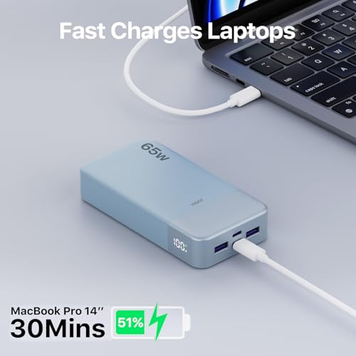 JUOVI Portable Charger 65W Power Bank 20000mAh Compact USB C Laptop Power Bank Fast Charging Battery Pack for Laptop MacBook Dell XPS iPad Tablet Steam Deck iPhone 17/16/15/14 Series Samsung and More - color: Blue