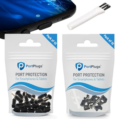 PortPlugs USB-C Anti Dust Plugs 10 Pairs & USB-A Port Blockers 10-Pack – Charger & Headphone Port Protectors with Cleaning Brush Compatible for iPhone, Samsung, PC, Laptop
